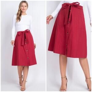 NWT Very J Button Front Wine Burgundy Midi Skirt Small Tie Belt Feminine Chic